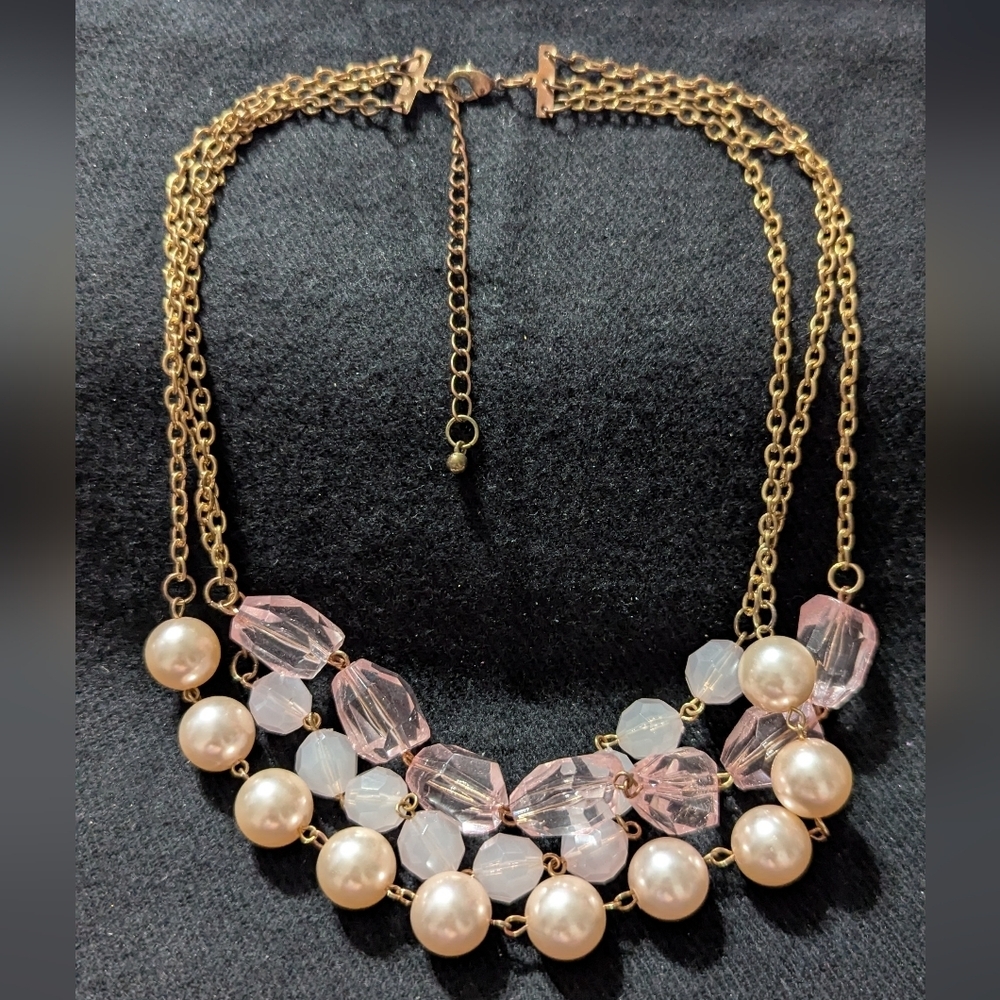 Gold Tone Pink Beaded Cream Faux Pearl Layered Statement Necklace